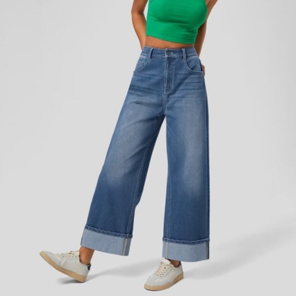 NWT Halara Flex High Waisted Rolled Hem Wide Leg Jeans Medium Blue Stretchy